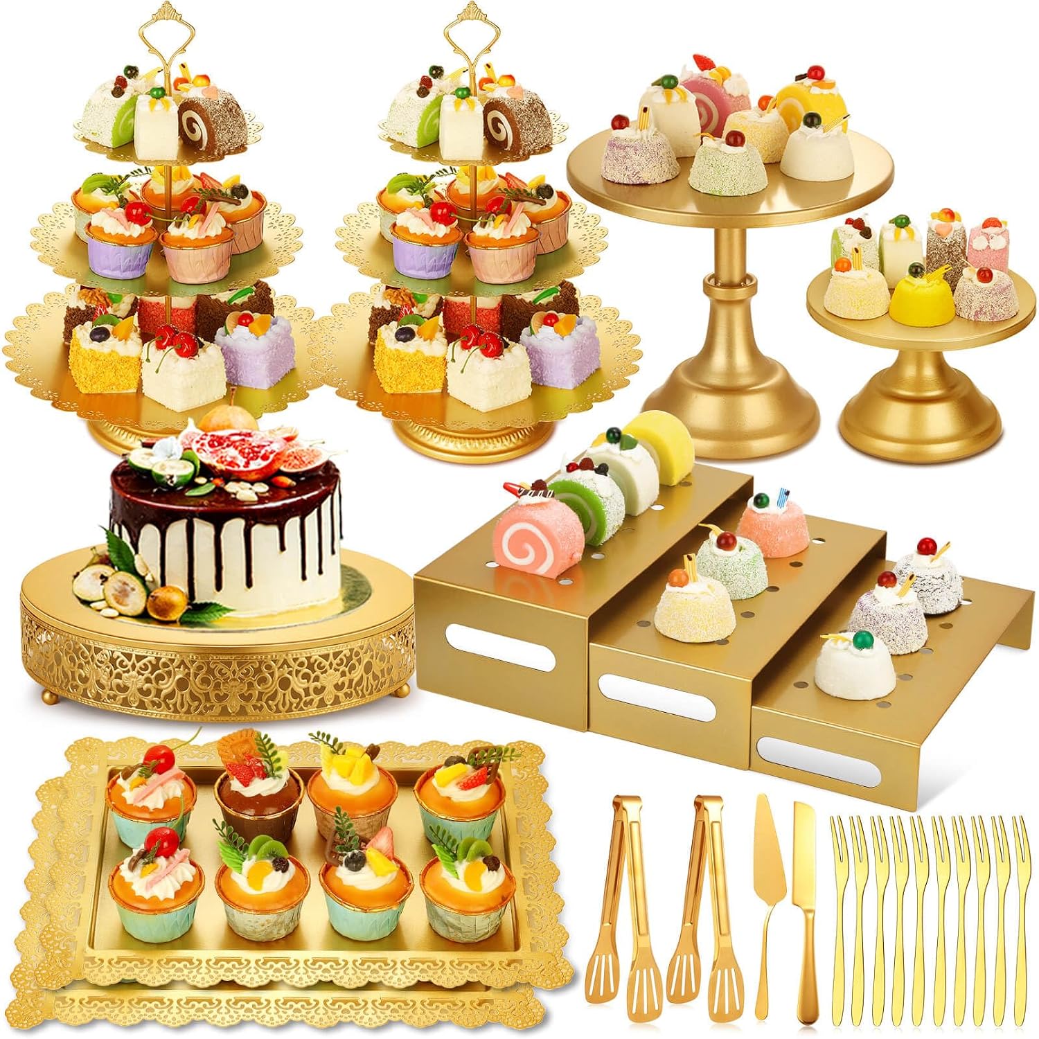 Display Risers Set - Goldenes Metall-Dessert-Tisch-Display-Set mit Kuchenständern, Cupcake-Turmständer, Desserttablett,